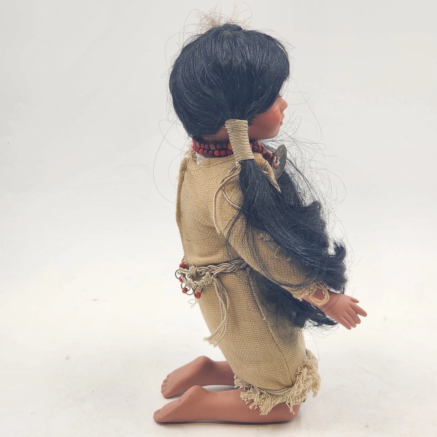 Native American Porcelain Doll Indigenous Girl Kneeling Traditional Dress 12"