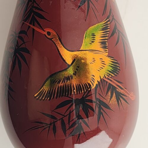 Bud Vase Maroon Red Overlay Gold Geese Black Trees Asian Sun Vintage Vietnam