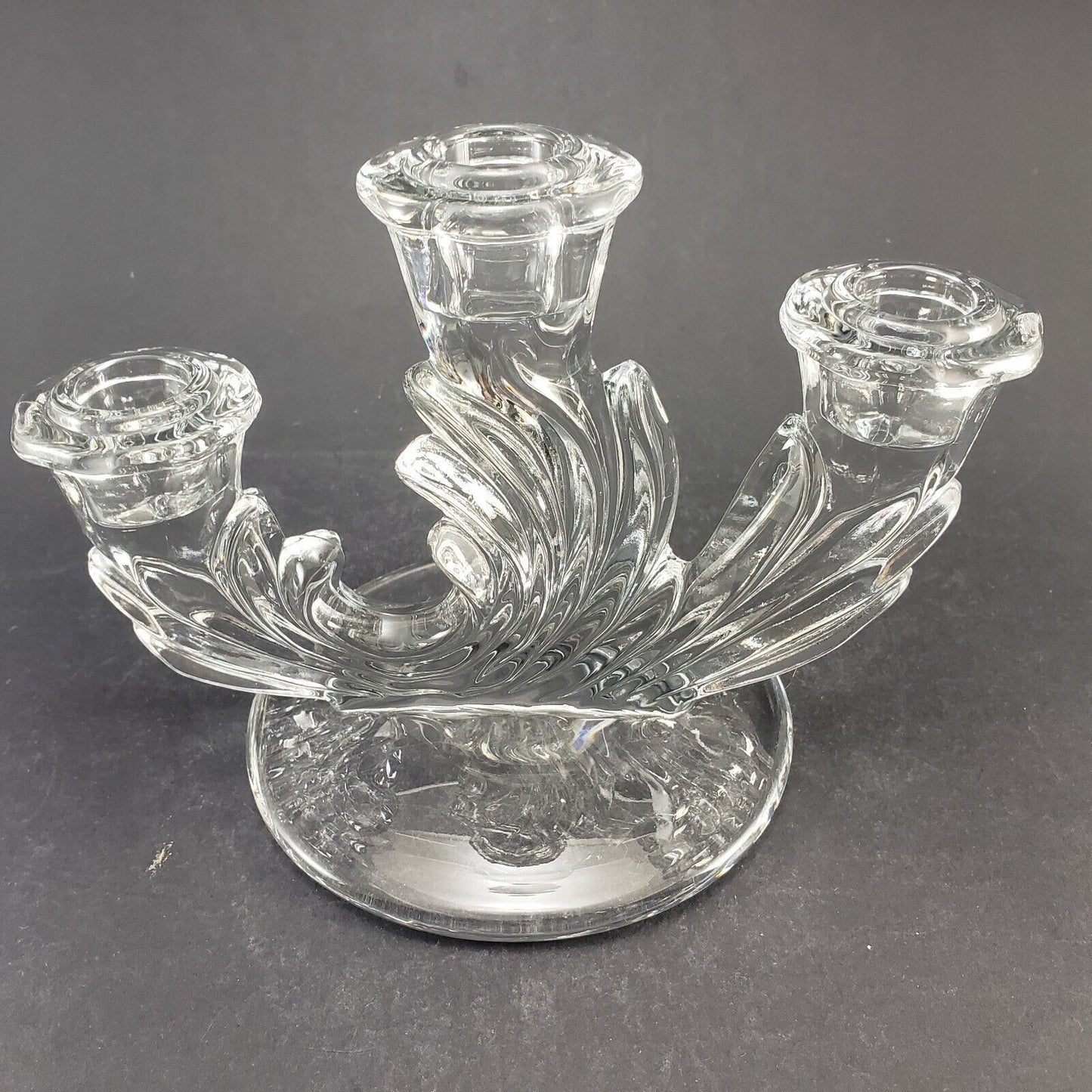 Fostoria Navarre Glass Triple Candle Holder Crystal Clear Base Art Deco Style