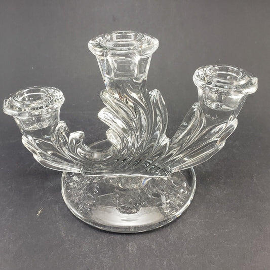 Fostoria Navarre Glass Triple Candle Holder Crystal Clear Base Art Deco Style