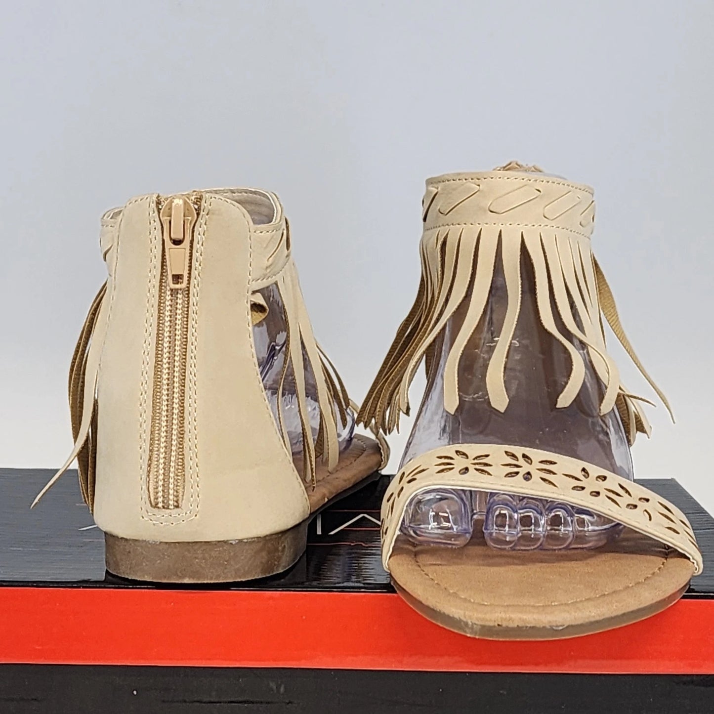 Adrianna Cathy-8 Beige Gladiator Sandals Women's 8 Fringe Ankle Height Zip NIB