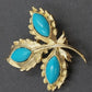 Gold Tone Leaf Brooch Blue Faux Turquoise Marquise Cabochon Floral Pin Vintage