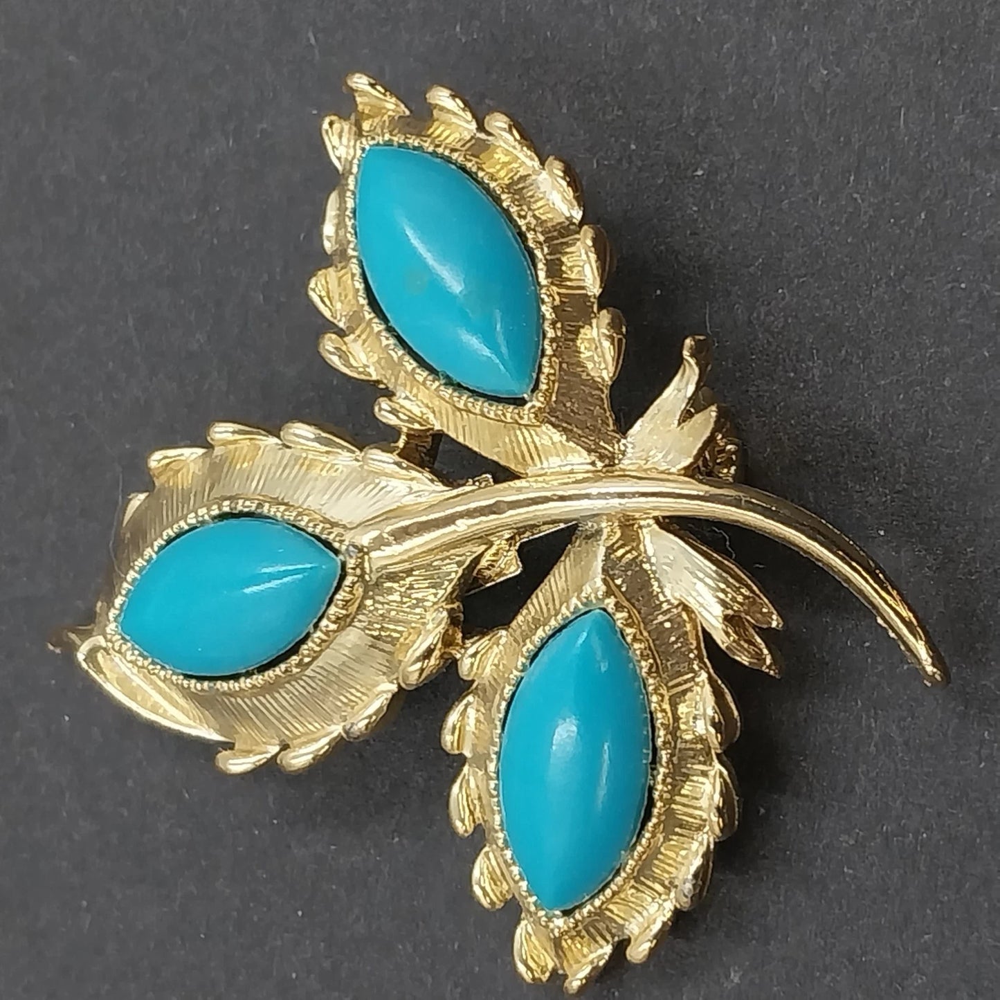 Gold Tone Leaf Brooch Blue Faux Turquoise Marquise Cabochon Floral Pin Vintage