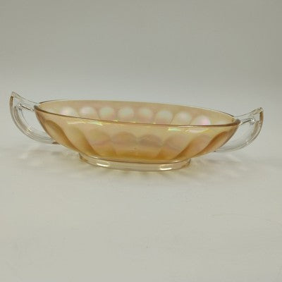 Jeannette Carnival Glass Iridescent Marigold Bowl Twin Clear Handle Large 10.5"