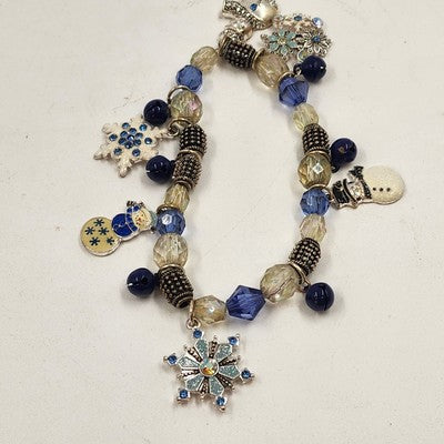Kenneth Cole Silver Tone Blue White Snowman Christmas Winter Charm Bracelet