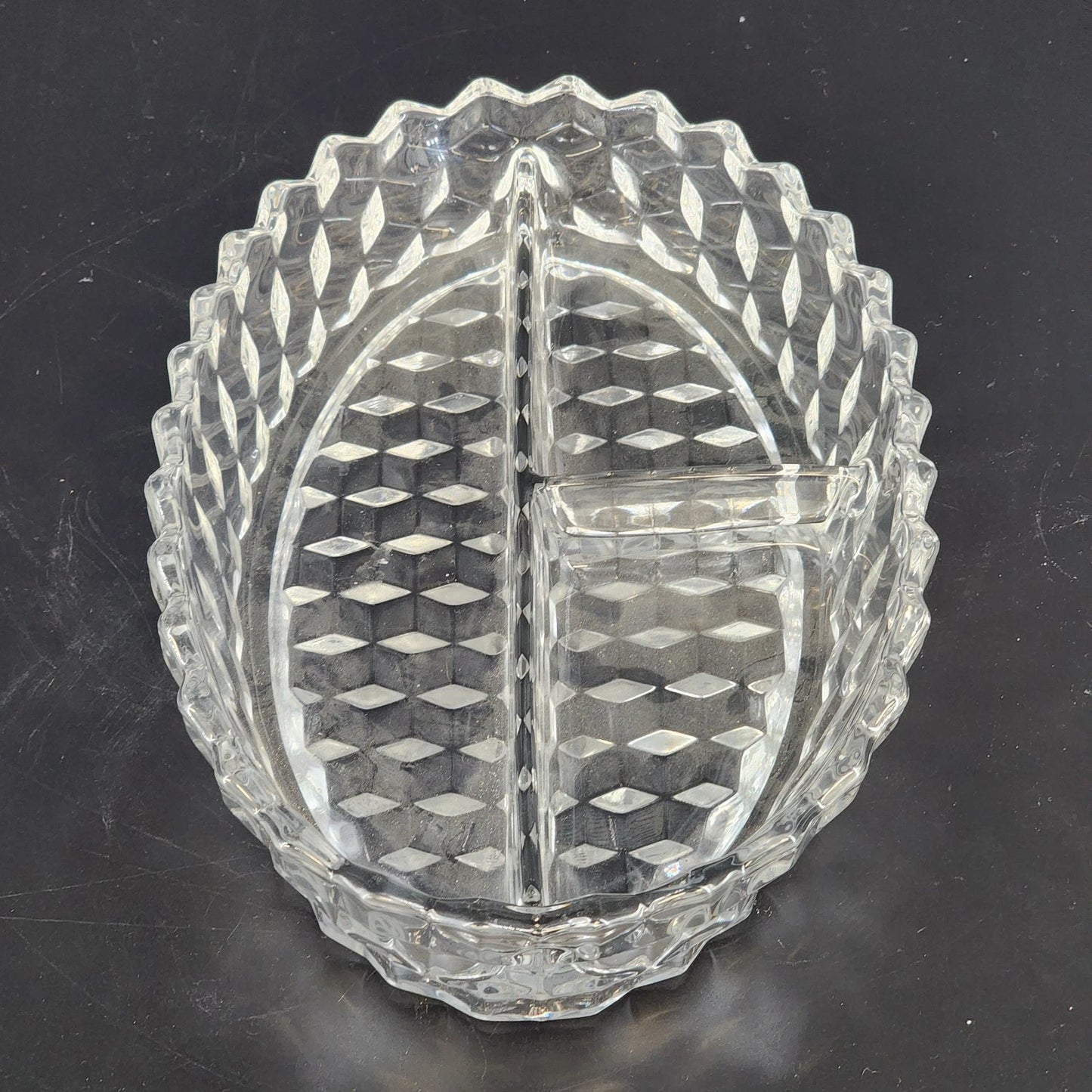 Fostoria American Oval Relish Dish Clear Glass 3-Part Cube Pattern 10.5" Vintage