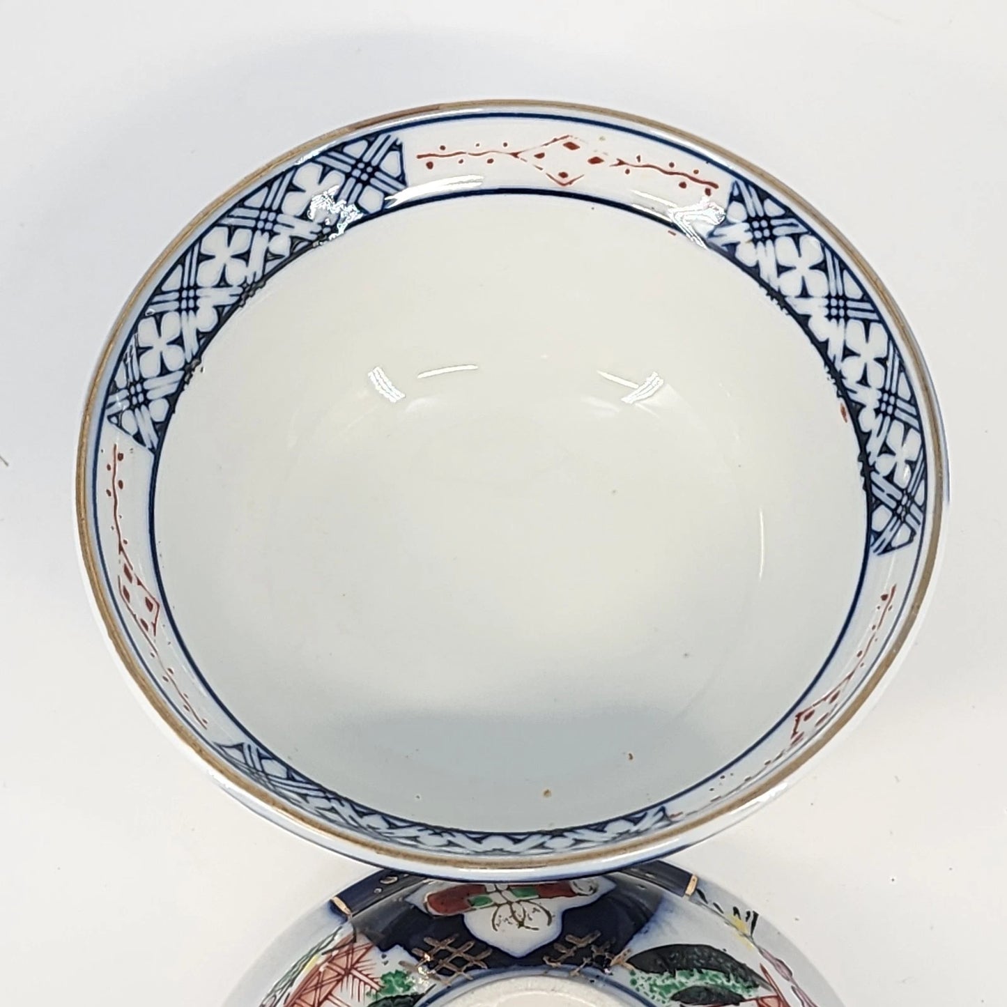 Japanese Imari Covered Rice Bowl Porcelain 6" Hand Painted Cobalt & Rust Vintage