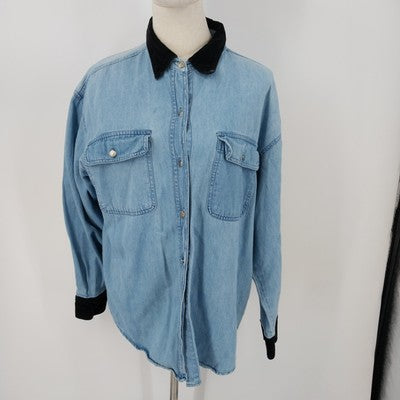 Vision 1 Denim Shirt L Velvet Collar & Cuffs Long Sleeve 100% Cotton Vintage