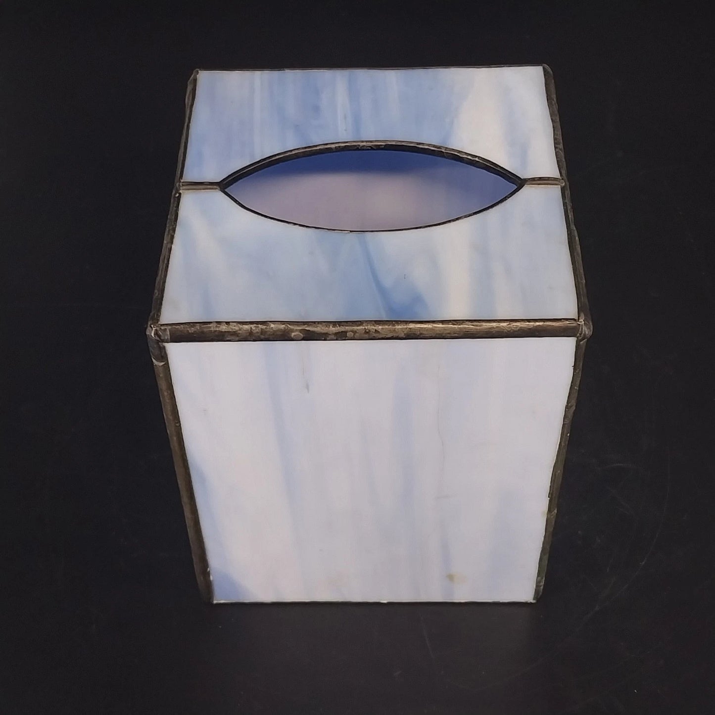 Stained Glass Tissue Box Cover Blue Swirl Slag Glass Metal 5" Bathroom Decor Vtg