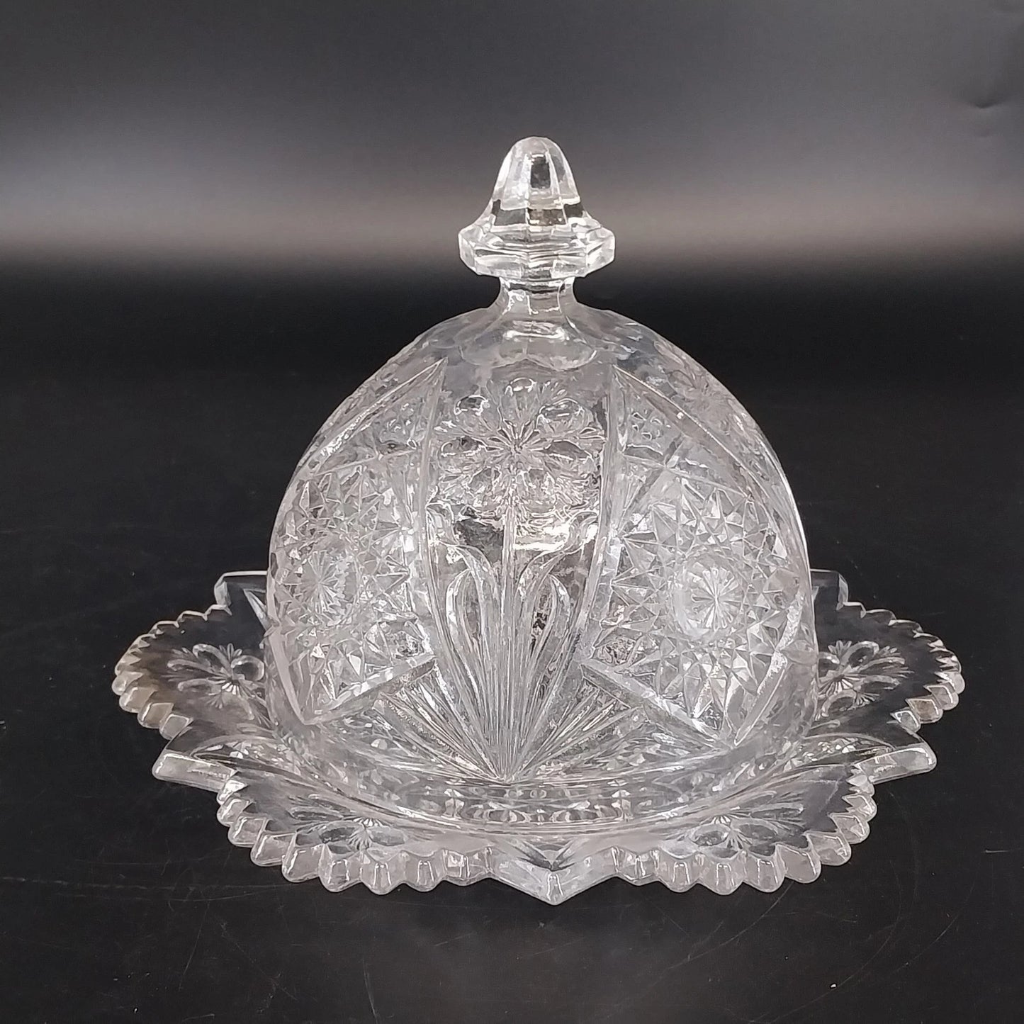 Imperial Glass Hobstar Covered Butter Dish Cheese Dome Clear Glass Sawtooth Vtg