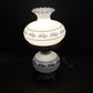 White Blue Floral Milk Glass Hurricane Lamp 22.5" 3-Way Light & Night Light Vtg