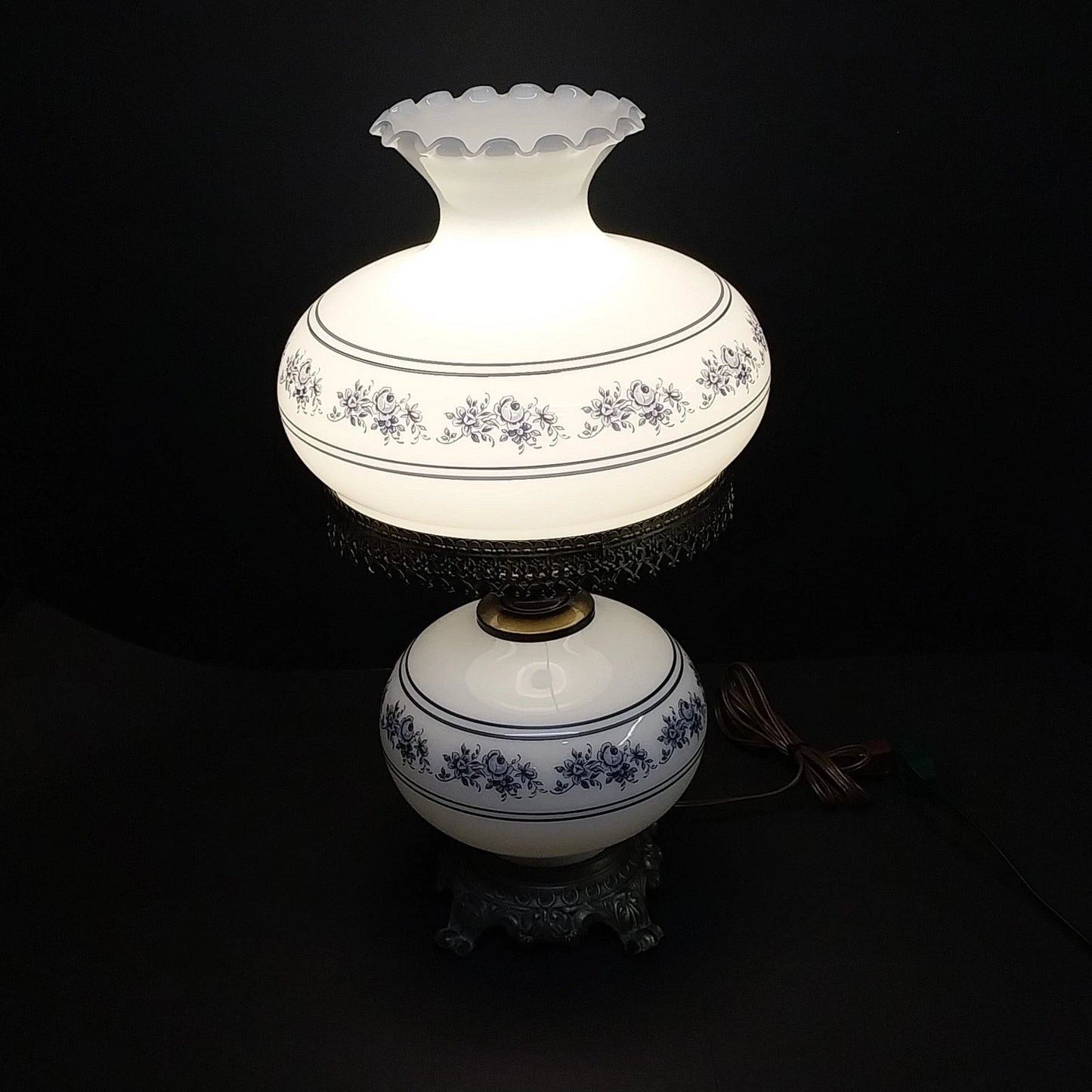 White Blue Floral Milk Glass Hurricane Lamp 22.5" 3-Way Light & Night Light Vtg
