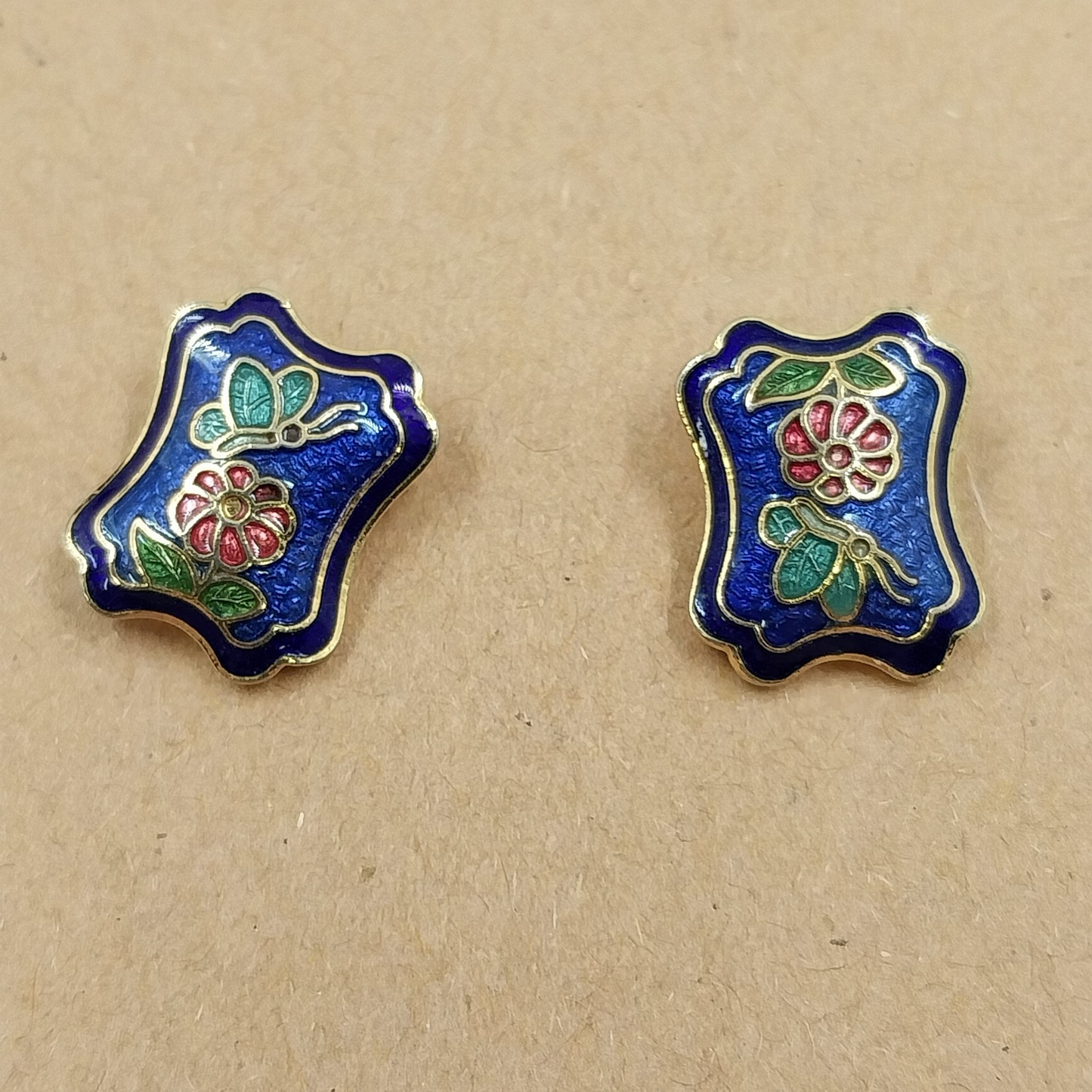 Set of 2 Gold Tone Cloisonné Stud Earrings Blue Floral & Butterfly