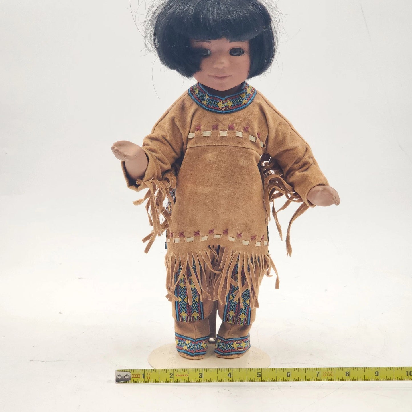 Native American Boy Porcelain Doll Standing with Stand Indigenous Collectible