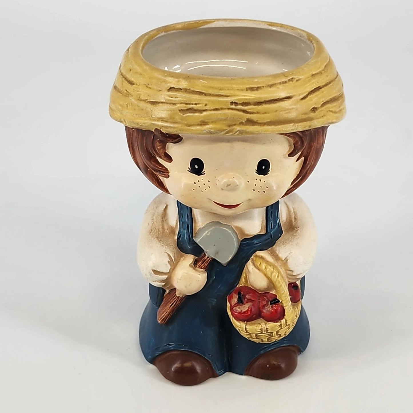 Vintage Farmer Boy Head Vase Planter Straw Hat Country Decor