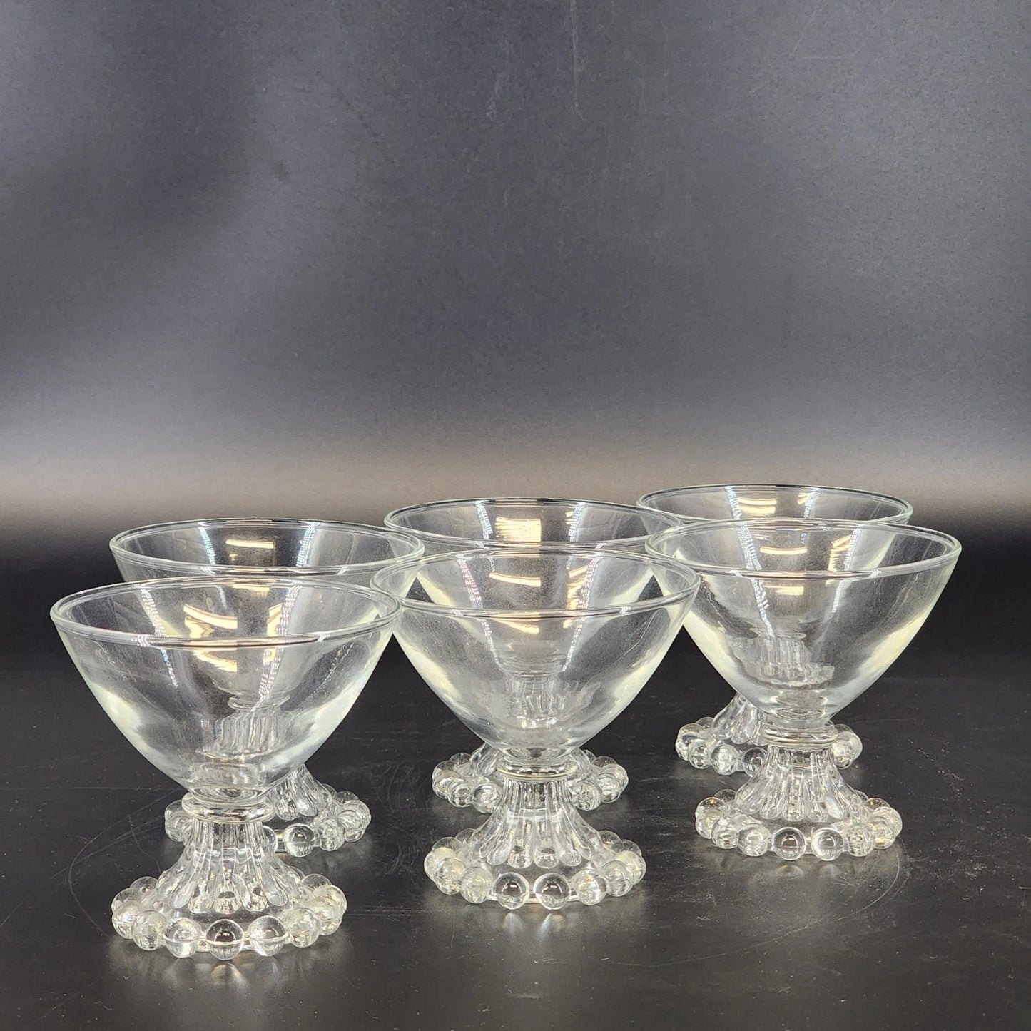 Set of 6 Anchor Hocking Berwick Boopie coupe glasses clear bubble stem