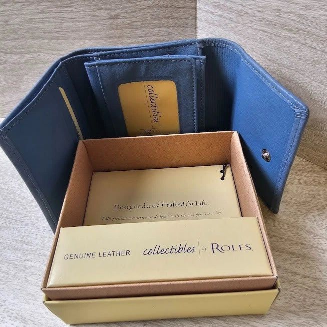 Rolfs Wallet Blue Genuine Leather Compact Trifold Women's Clutch Purse 4x4 Vtg