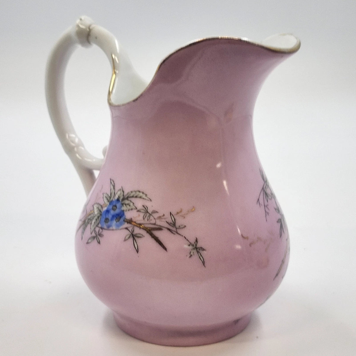 Pink Porcelain Creamer Pitcher Birds Nest Blue Flowers Gold Trim 6" Vintage