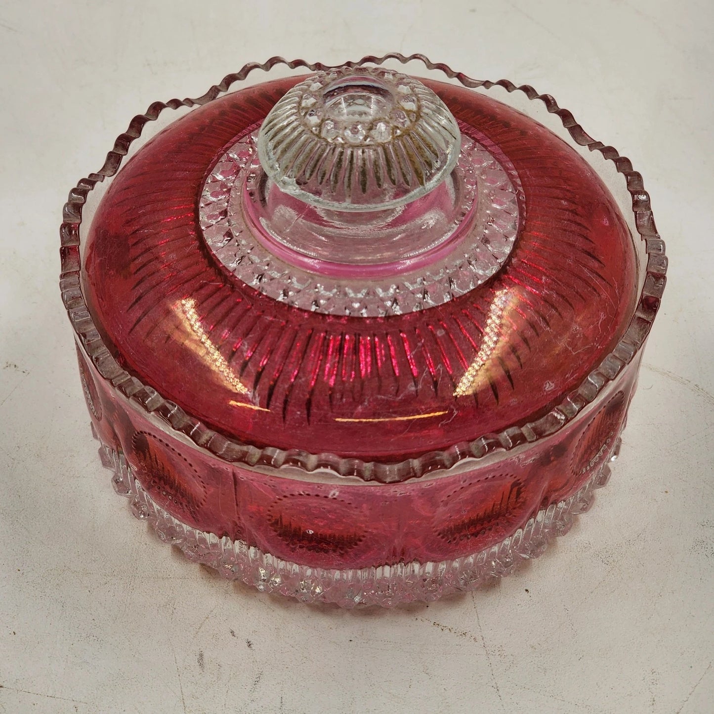 Manhattan Ruby Rose Powder Jar 1902 US Glass Cranberry Vanity Box Antique EAPG
