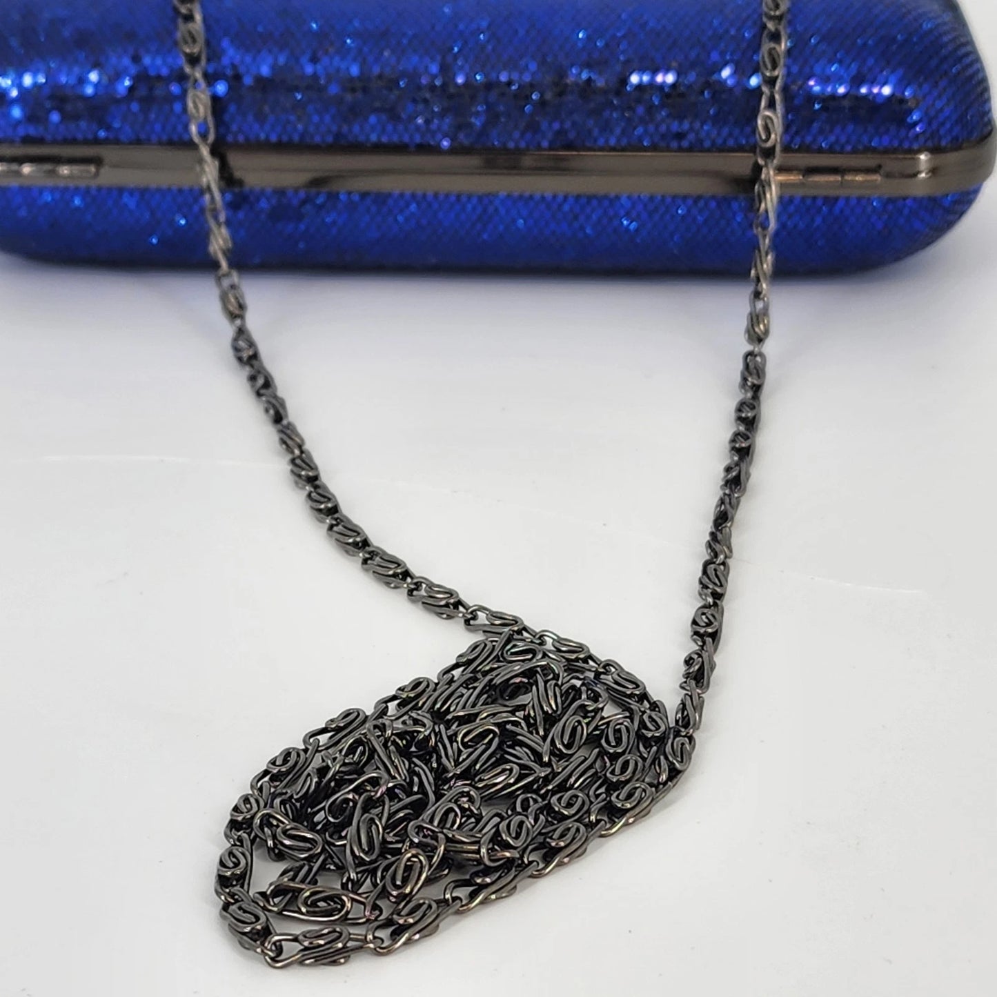 Blue Sparkle Bow Hard Shell Clutch Crossbody Purse Gunmetal Chain Strap 7"
