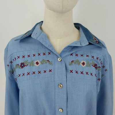 Tan Jay Women’s Blue Floral Embroidered Blouse Sz 16 Cotton Long Sleeve Top