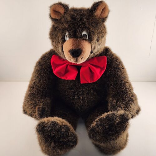 Brown Fur Teddy Bear Lush Plush Stuffed Animal 1985 Commonwealth Red Bowtie