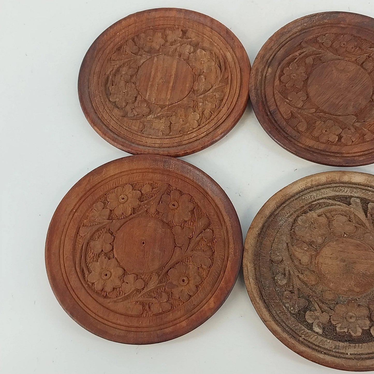 Indian Carved Natural Wooden Coasters Set 6 Floral Rustic Drink Disc 4" Vintage