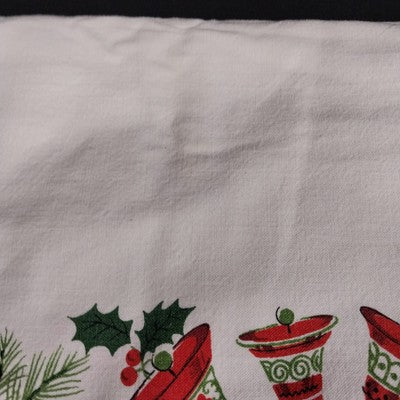 White Tablecloth Christmas Holiday Poinsettia Bell Holly Motif Rectangle 78"x58"