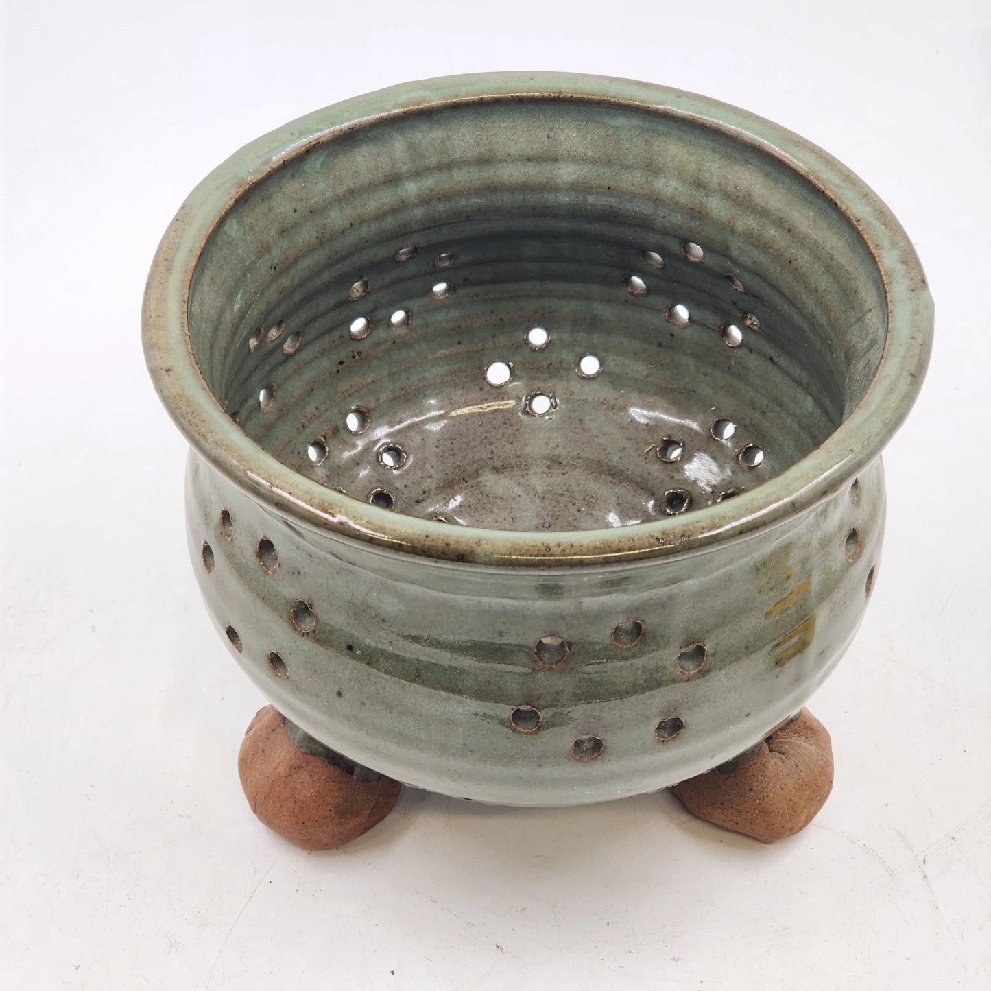 Handmade Pottery Berry Colander Strainer Green Studio Artisan Signed 7"