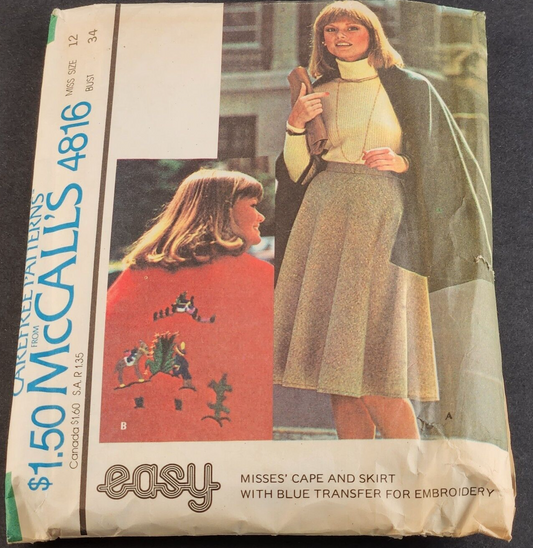 McCall's 4816 Vintage Sewing Pattern Misses Cape and Skirt Size 6 8 10 12 14