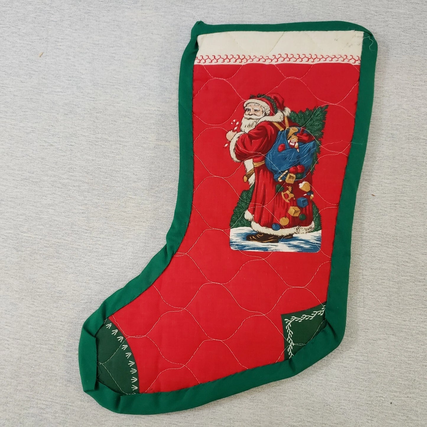 Christmas Stockings Santa Designs Quilted Mom & Dad Monogrammed Red & Green Vtg