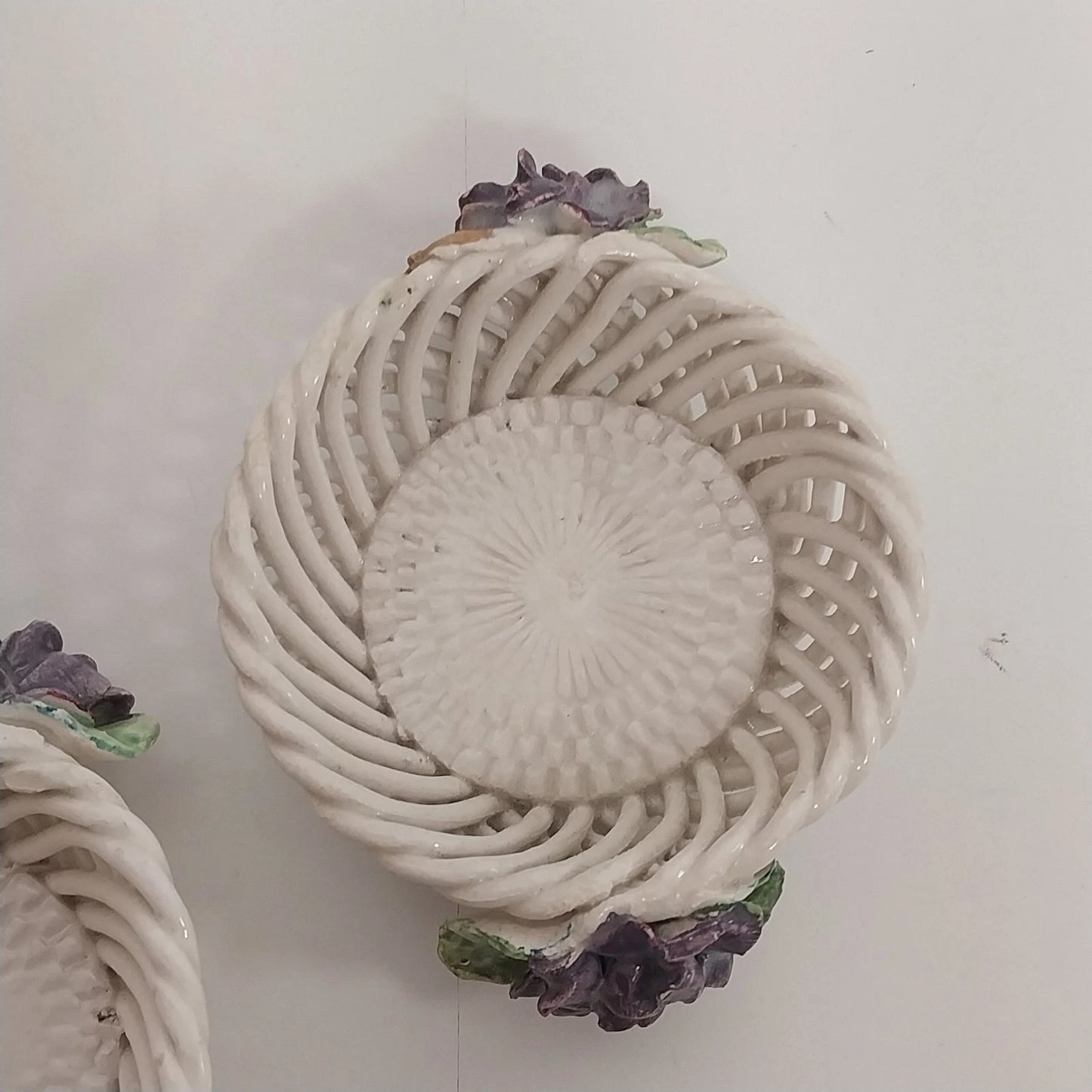 Italian Ceramic Lattice Trinkets Baskets Purple Violets Floral Pair 3" Vintage