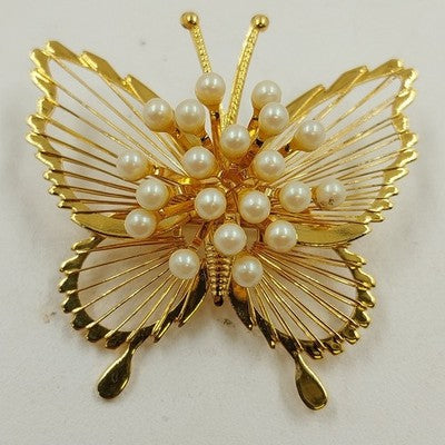 Monet Gold Tone Butterfly Filigree Wire Winged Brooch w Faux Pearl Pin Jewelry