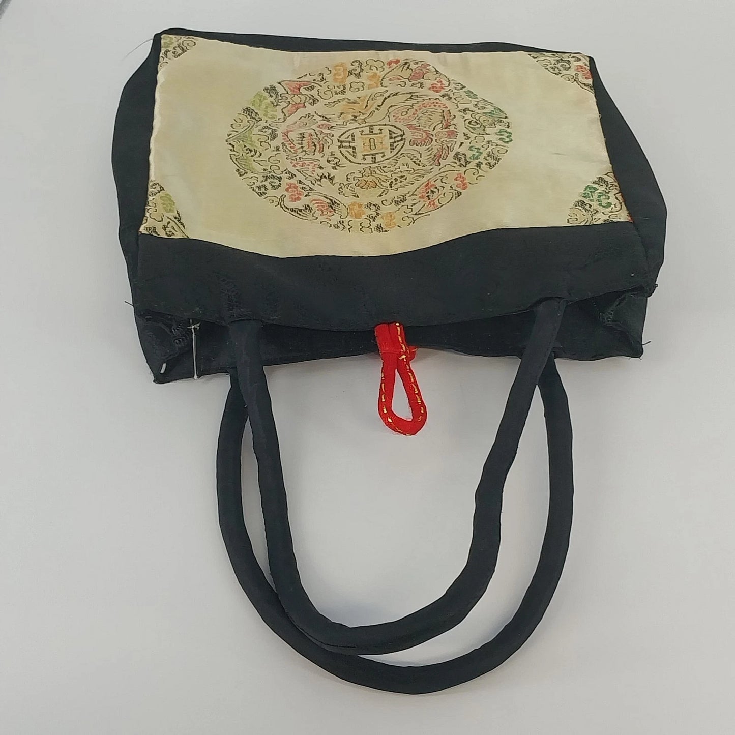 Asian Style Silk Brocade Tote Bag Black Gold Chinese Embroidered Shoulder Purse