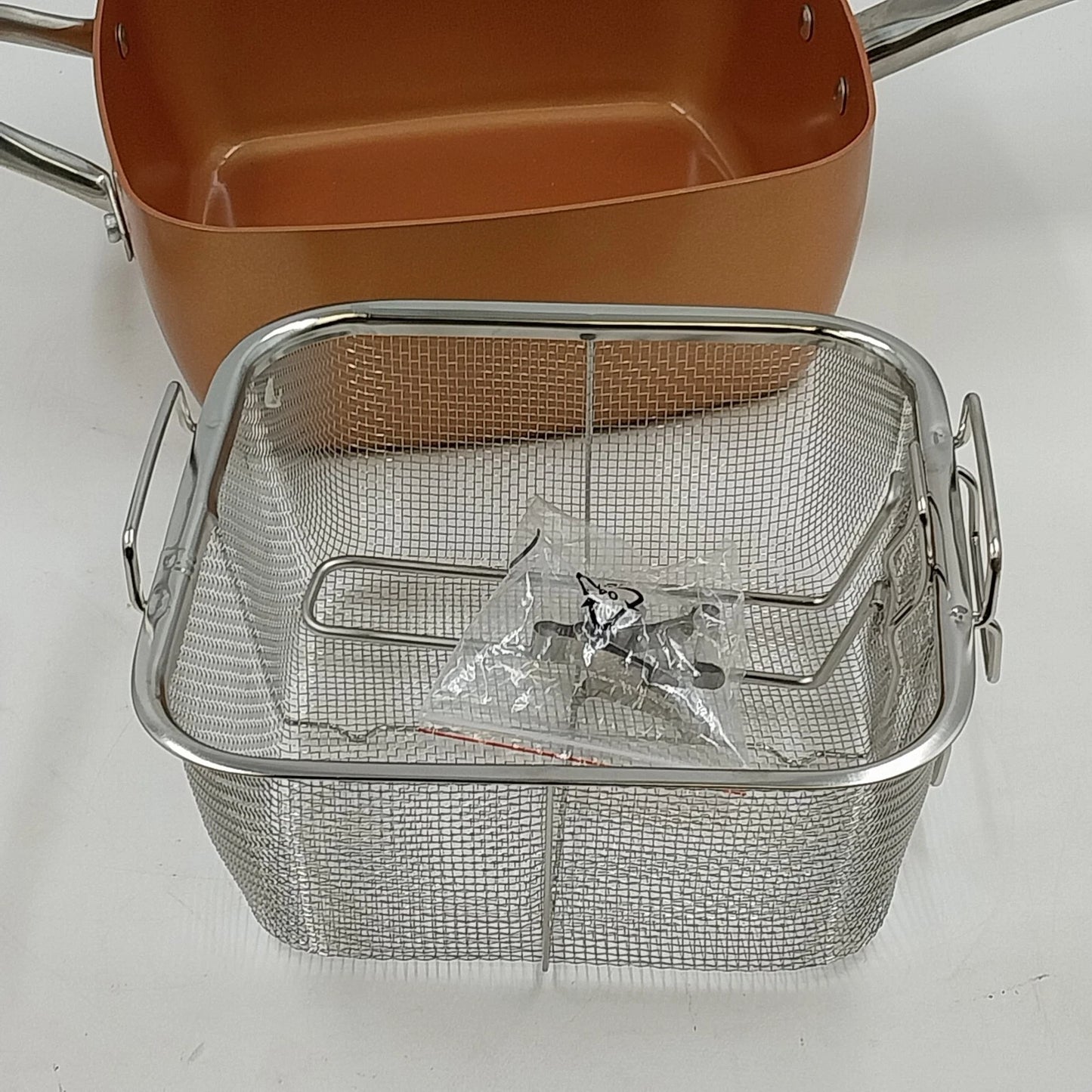 Copper Chef Deep Square Pan 9.5" Vent Lid 2 Handles and Frying Basket NOS