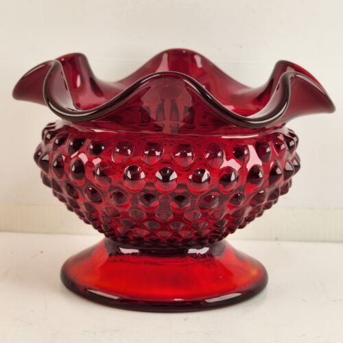 Fenton Old Virginia Glass Bowl Ruby Red Hobnail Footed Ruffled Edge Vintage 6"