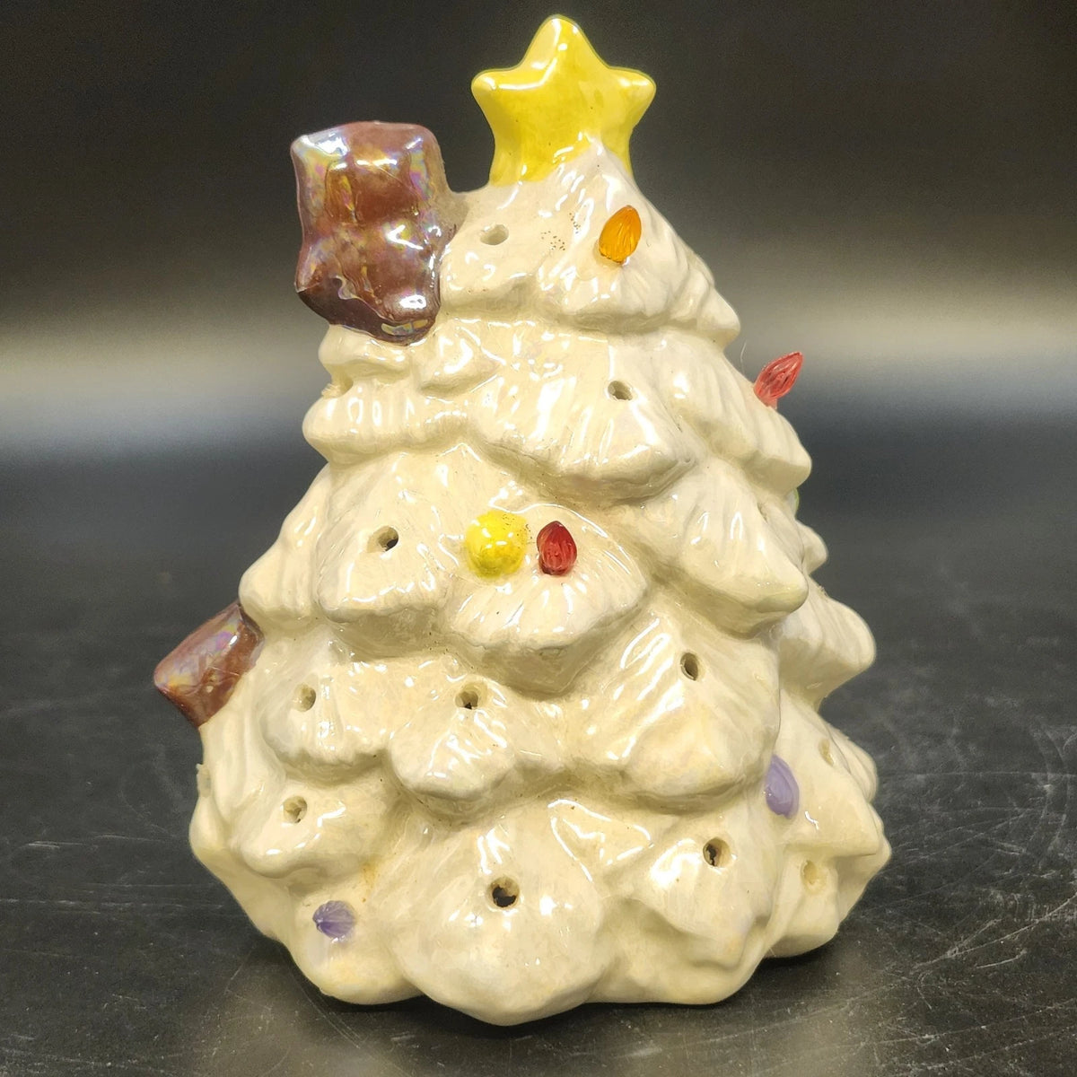Ceramic Christmas Tree Owl Figurine Iridescent Glaze Light Holes Star on Top 5"