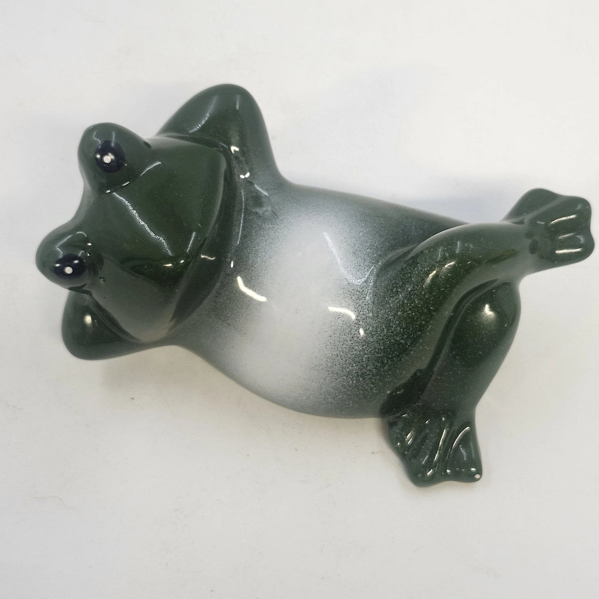 Green Frog Figurine Reclining Lounging Pose White Belly 4" Glossy Ceramic Decor