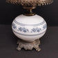 White Blue Floral Milk Glass Hurricane Lamp 22.5" 3-Way Light & Night Light Vtg