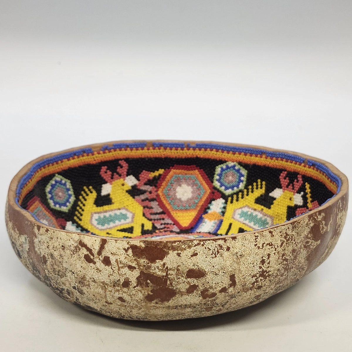 Huichol Wixárika Beaded Gourd Bowl Animal Geometric Folk Art 8" Mosaic Mexico