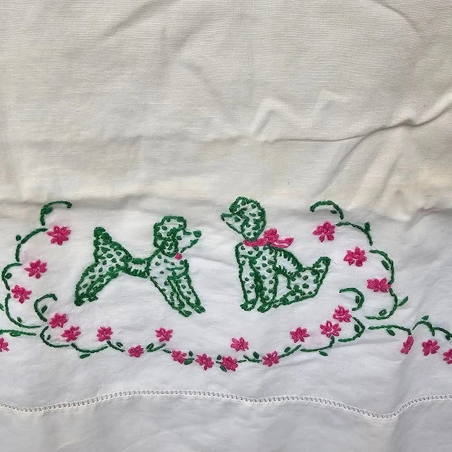 Poodle Embroidered Pillowcases Pair Pink Green Mid Century Kitschy 32" Vtg 1950s