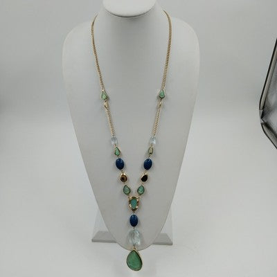 Catherines Gold Tone Teardrop Blue Gem Bead Necklace Lobster Clasp 21" Long