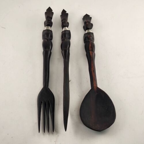 Wooden African Tribal Fork Knife Spoon Hand Carved Wall Hanging Ebony Figures
