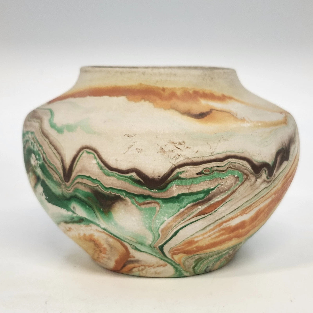 Nemadji Pottery Vase 5.5" Natural Clay Green Orange Swirl Marbled Vintage USA