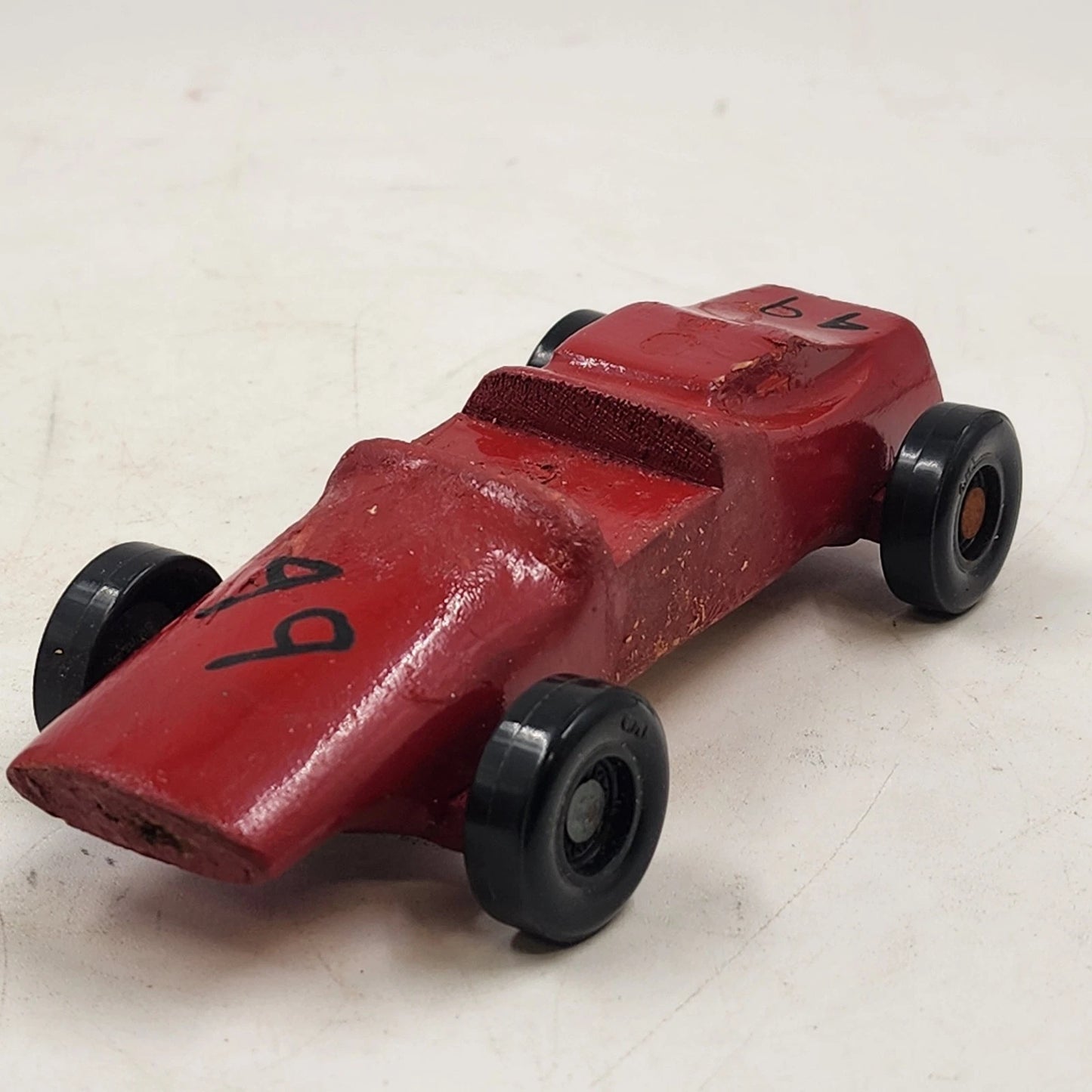 Pinewood Derby Car No 49 Red Handmade Wood Racer Vehicle w/ Winner Ribbon 1975