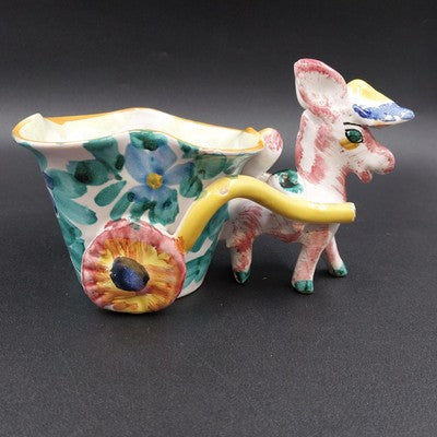 Italian Multicolor Ceramic Donkey Pulling Cart Planter Hand Painted Signed Italy