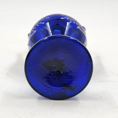 Art Nouveau Bohemian Cobalt Blue Glass Vase with Heavy Gold Gilding – 8" Tall – Dual Handles & Globe Top – Vintage European Display Piece