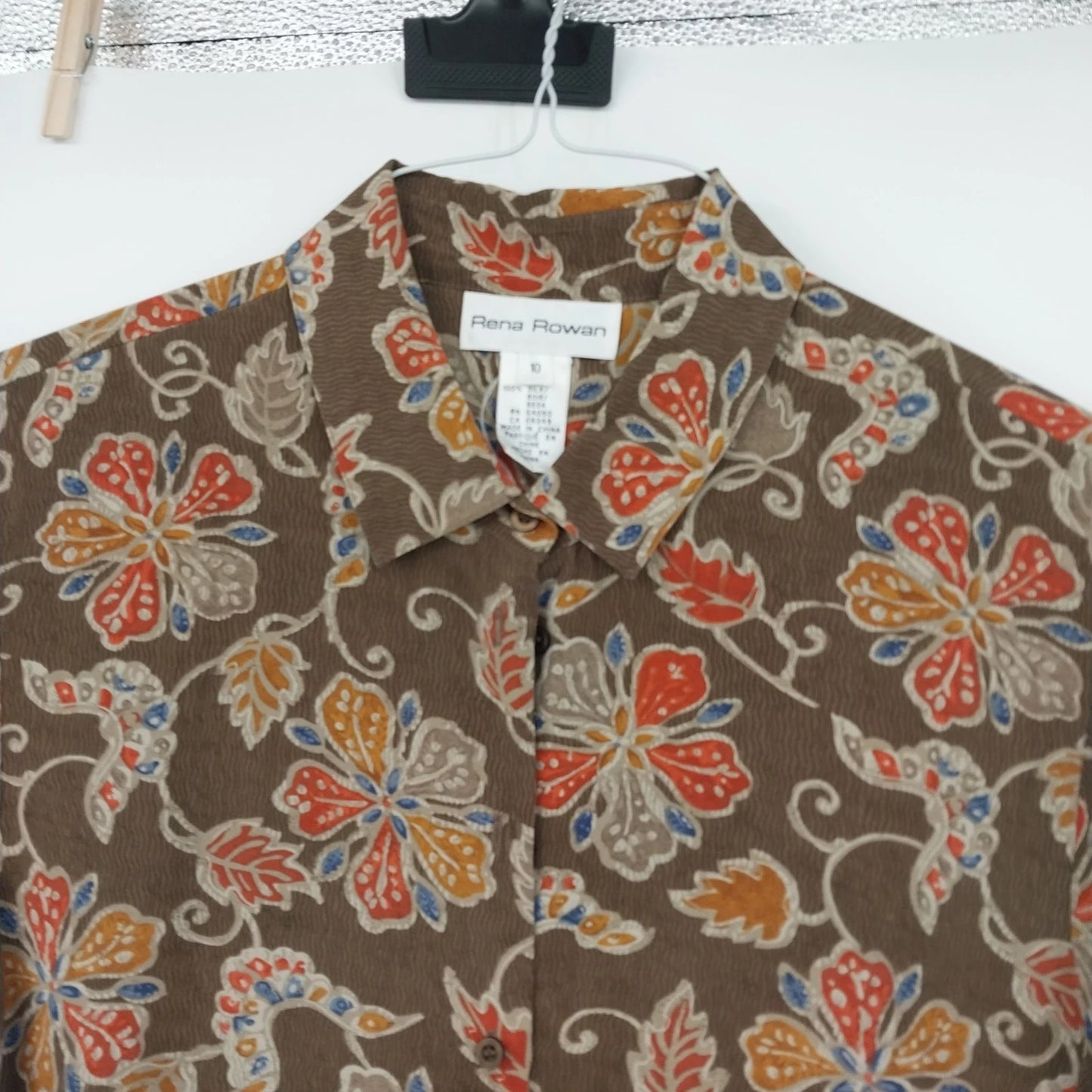 Rena Rowan Floral Silk Blouse Women's Size 10 Brown Short Sleeve Button Front