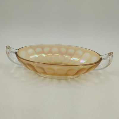Jeannette Carnival Glass Iridescent Marigold Bowl Twin Clear Handle Large 10.5"