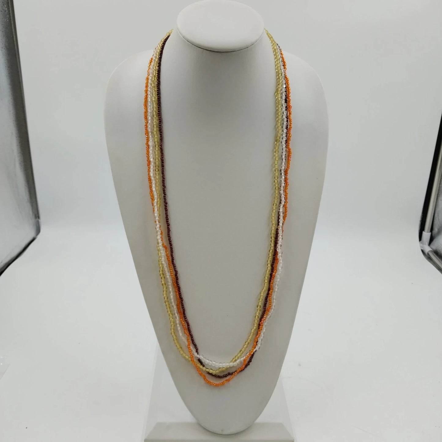 Set 4 Glass Beaded Necklaces Lot Orange Brown Clear Acrylic Seed Bead 17" Drop